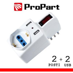 Adattatore 2pos bipasso/schuko +USB spina10A salv. + int.